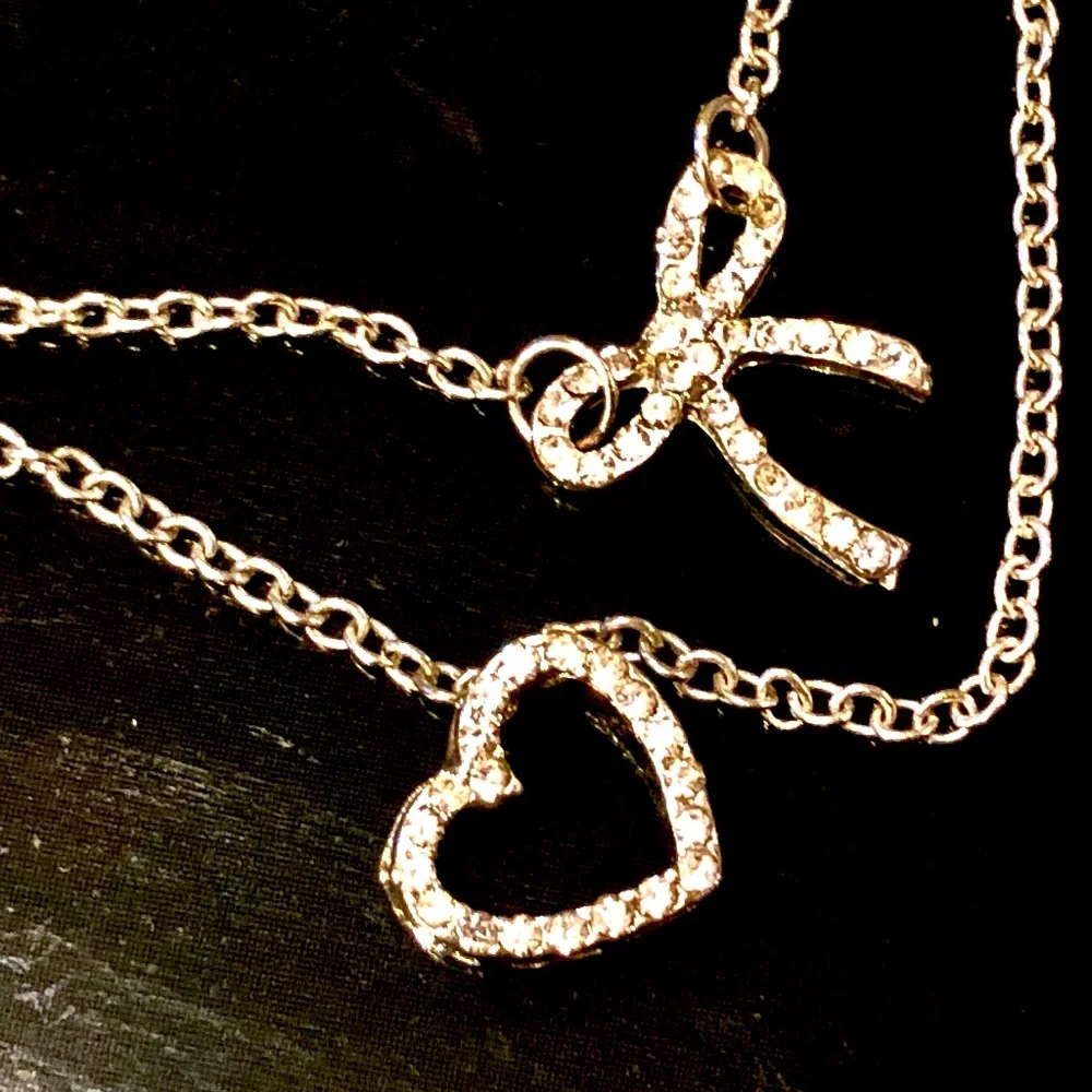 3/$32 Silver Tone Double Layered Rhinestone Heart & Bow Tie Dainty Necklace - Picture 1 of 8